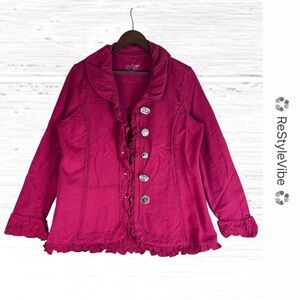 NEON BUDDHA Women’s Size L Blazer Jacket Coat Eclectic Buttons Ruffles Stretch